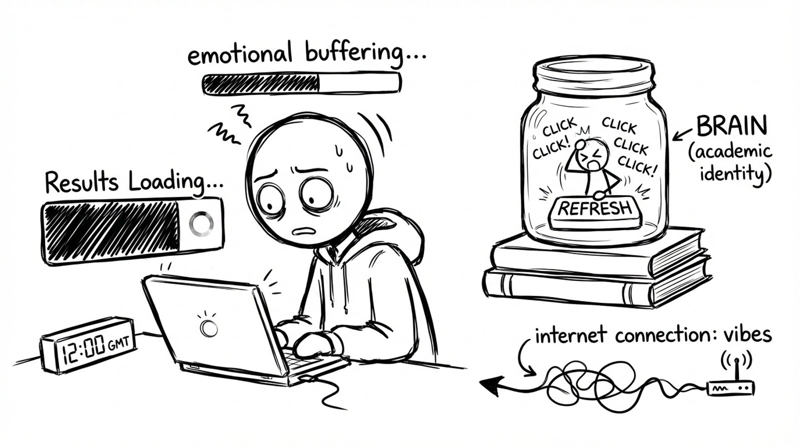 Stick-figure student refreshing results page