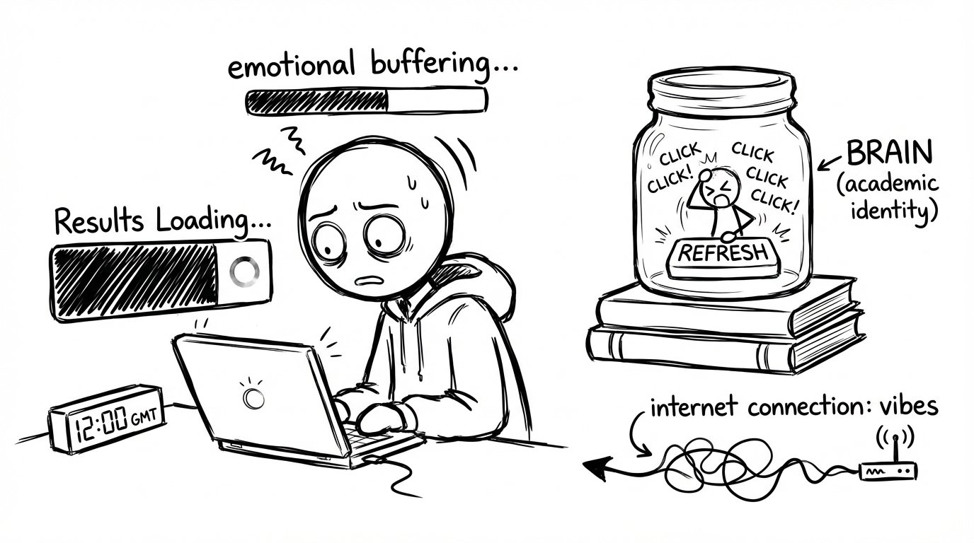 Stick-figure student refreshing results page