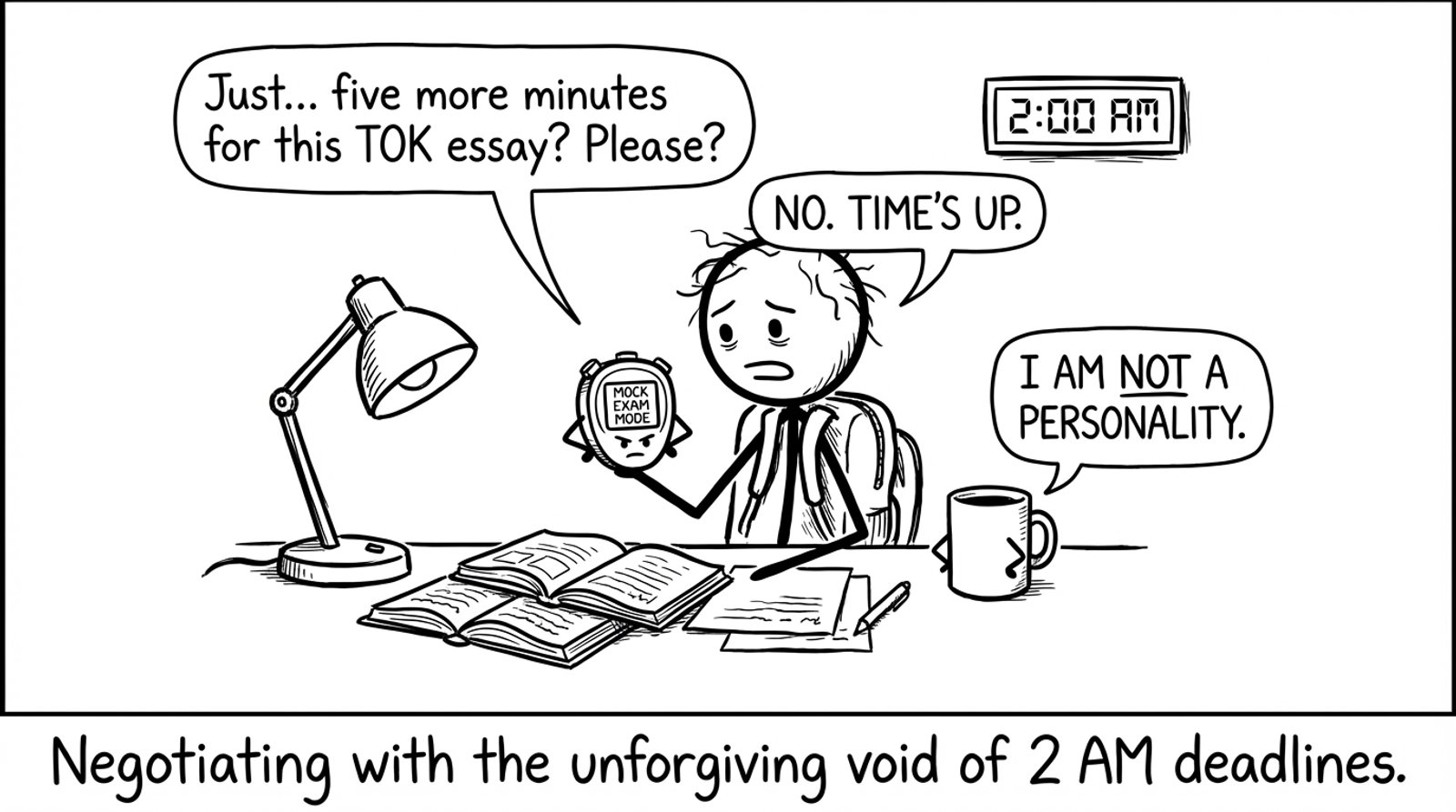 An IB student at 2am bargaining with a stopwatch labeled ‘Mock Exam Mode’ and a coffee mug saying ‘I am not a personality’