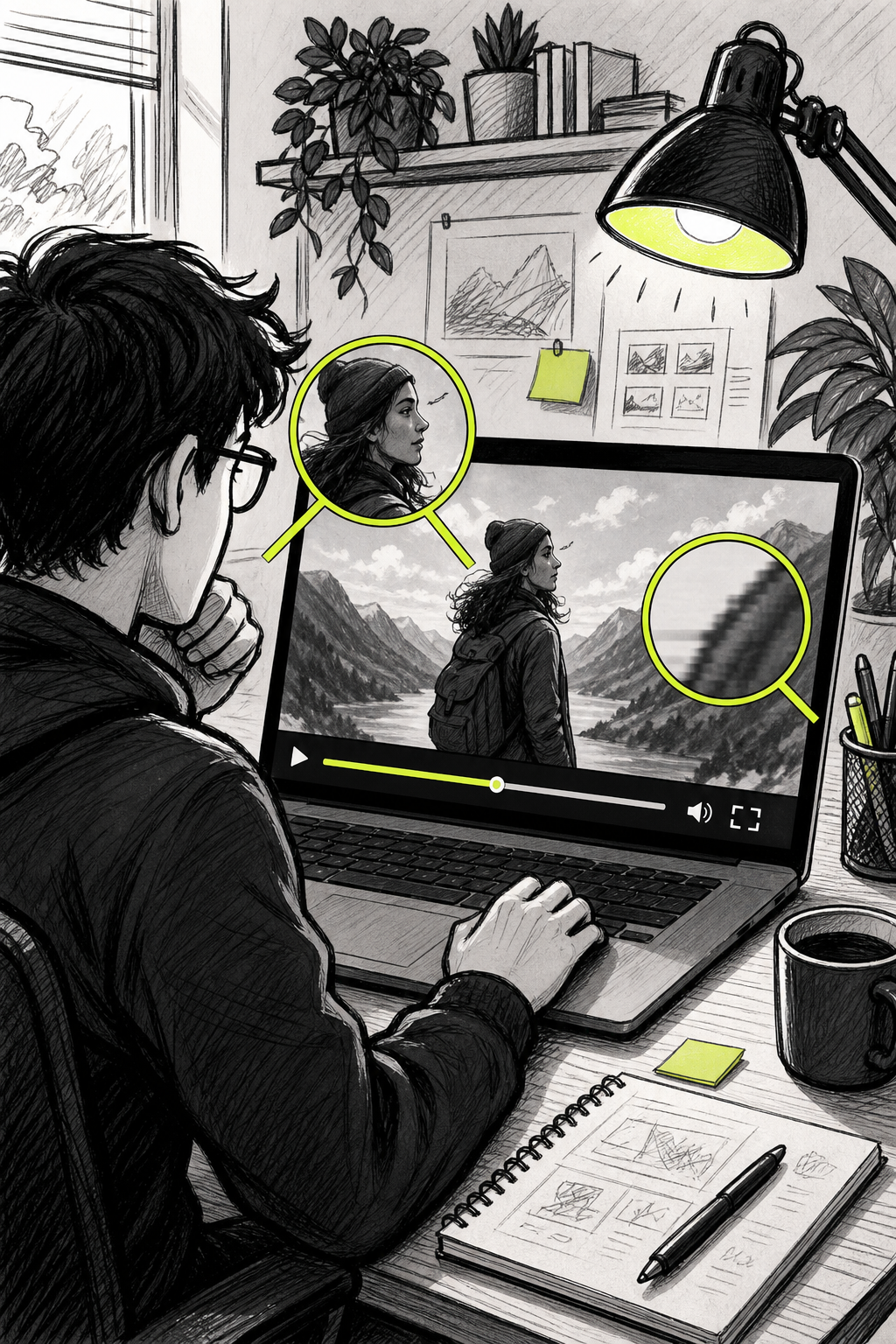 A doodle-style illustration of a person at a laptop watching a generated video preview on screen, with cartoon magnifying glass icons highlighting a face and edge-blur artifact area, color accent #E5FF45 used on the progress bar, set in a cozy studio workspace. Alt: reviewing AI-generated video for motion artifacts and quality issues.