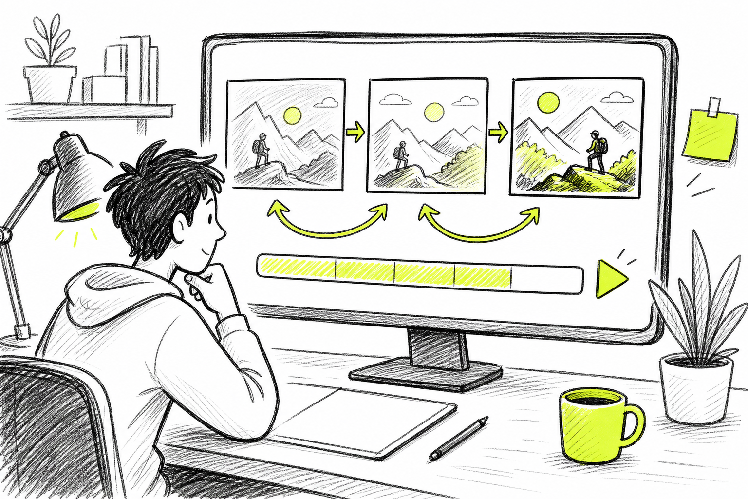 AI video iteration workflow showing multiple draft versions being refined into a final social media clip.