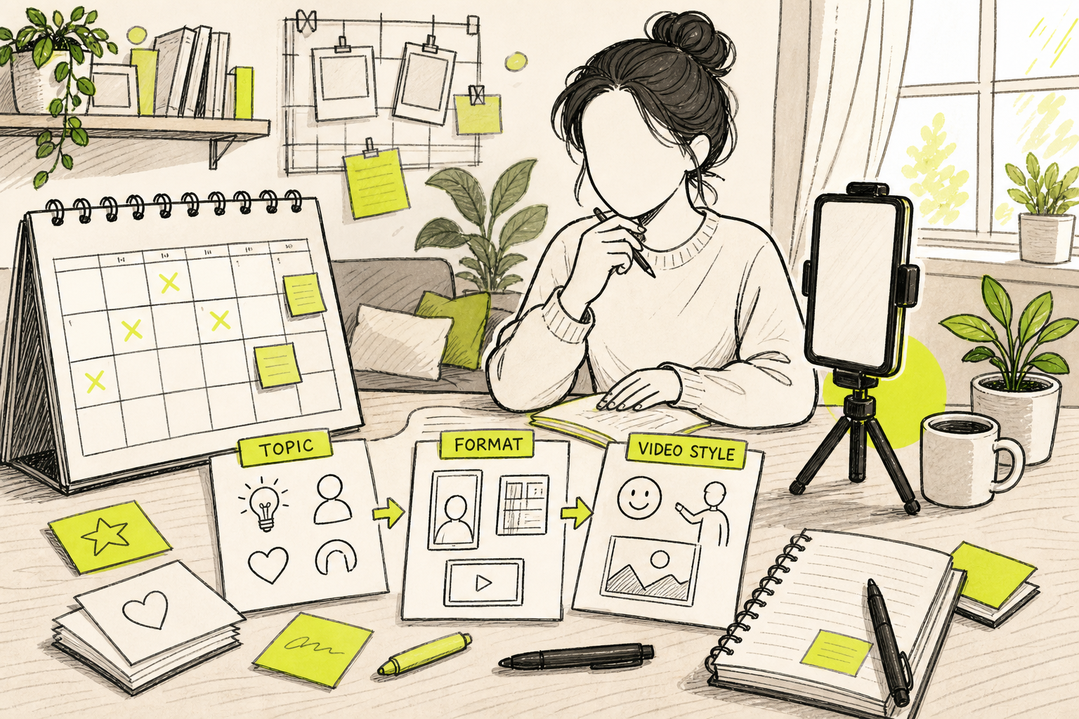 faceless video planning workflow with topic, format, and video style choices.