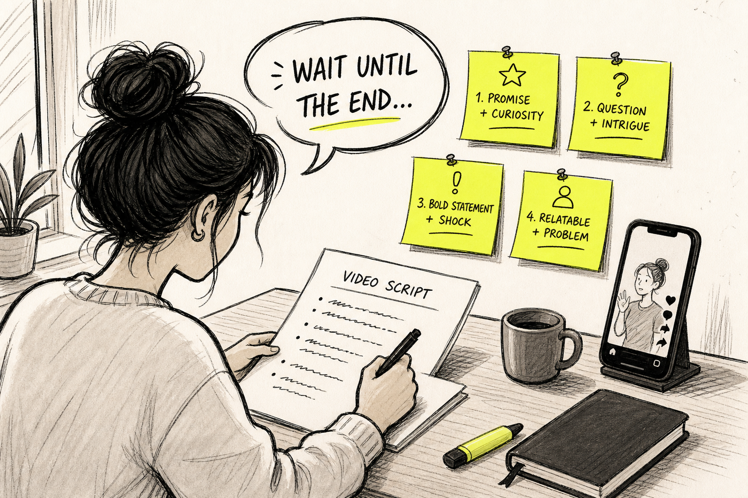 person writing a TikTok video script with hook formulas on sticky notes.