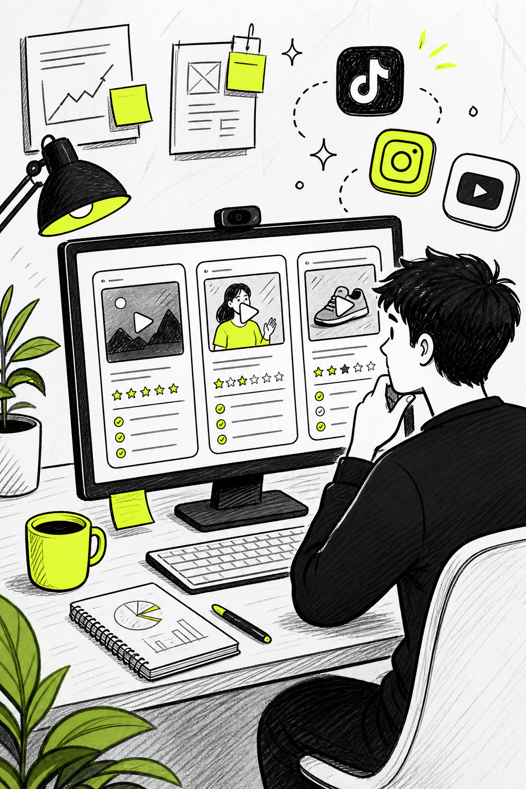 A Doodle-style illustration of a marketer at a desk comparing different AI tool interfaces on a screen, with icons for social media platforms like TikTok, Instagram, and YouTube floating around the workspace, accented with lime-yellow (#E5FF45) highlights. Alt: marketer comparing best ai video generator for ads on screen.