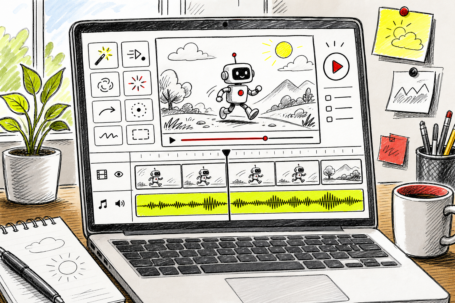adding motion effects and audio to an AI animated video in a browser editor.