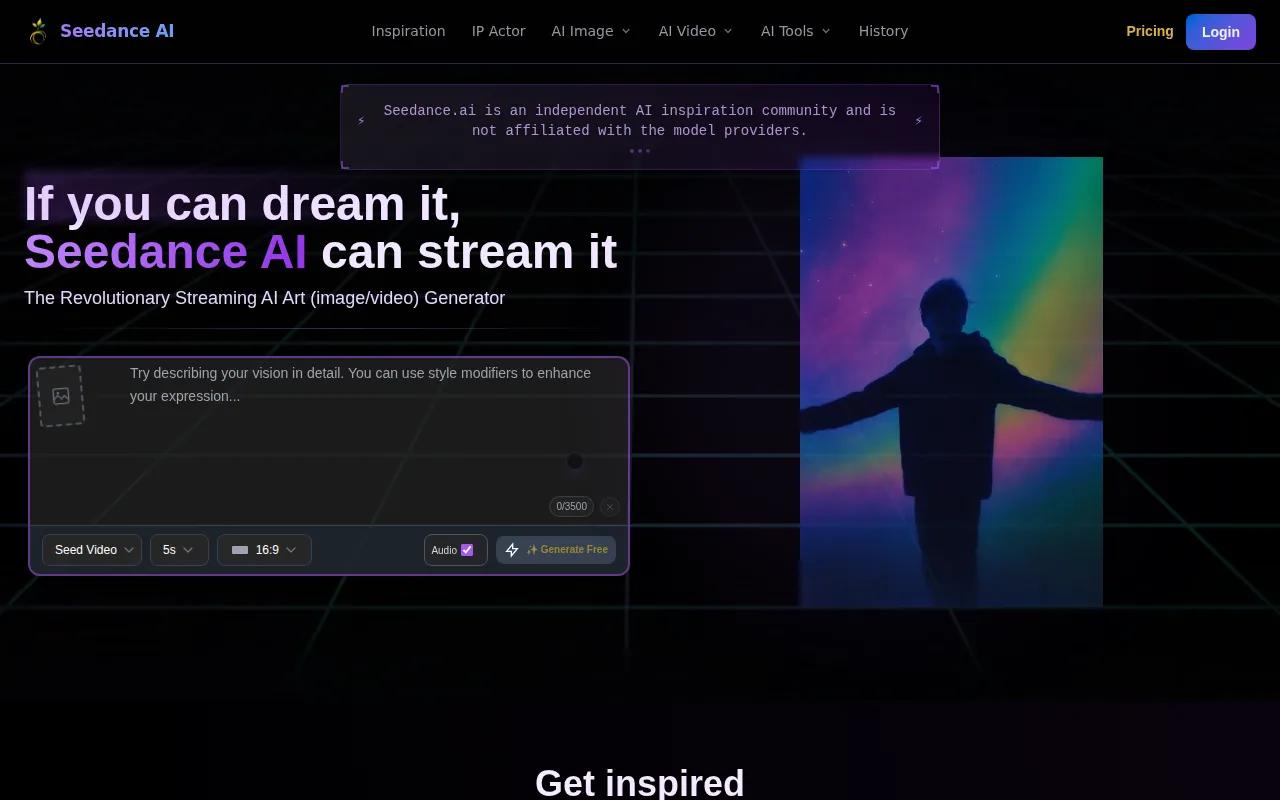 Screenshot of the Seedance AI website