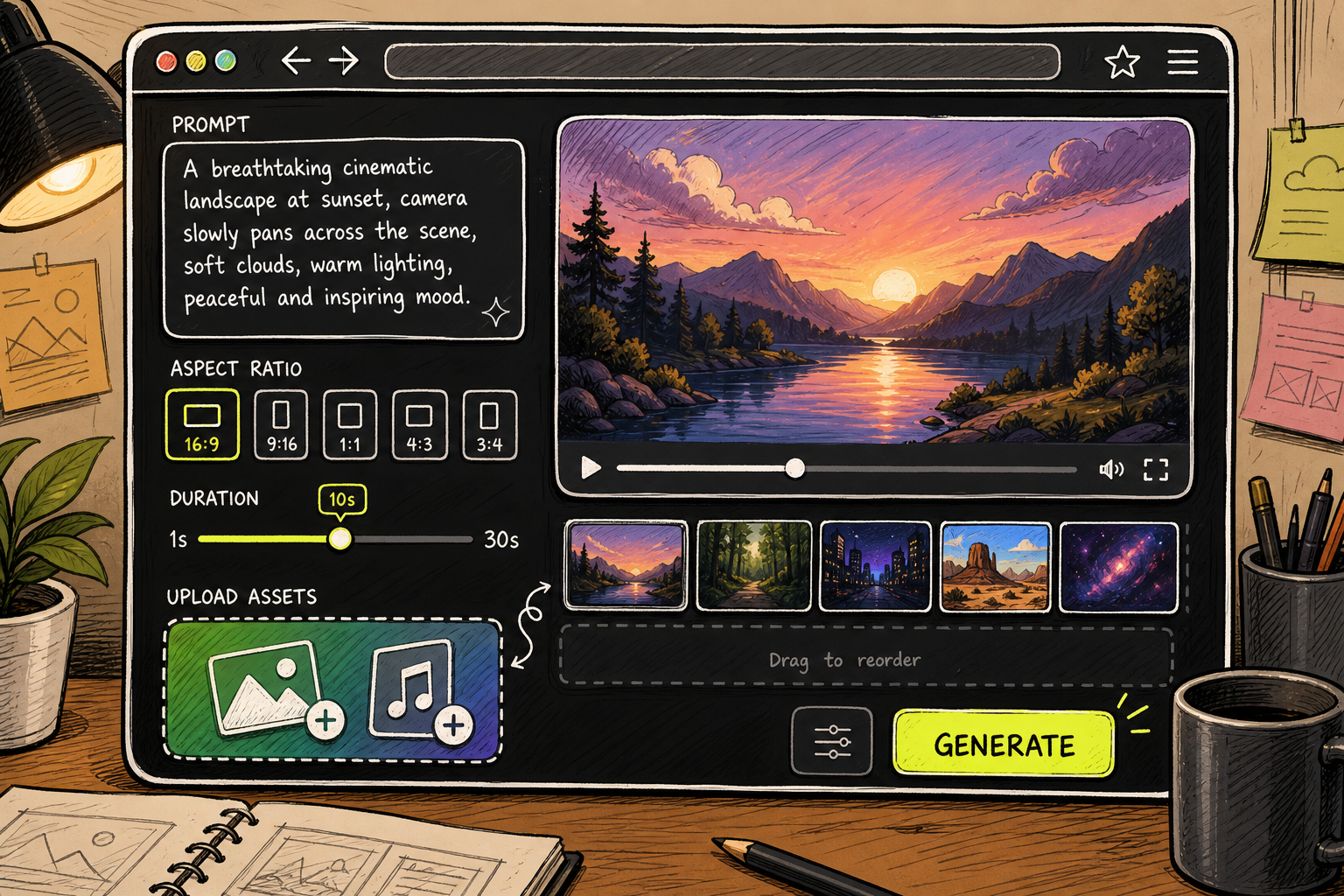 Doodle-style illustration of a browser window showing an AI video studio interface with a prompt text box, aspect ratio buttons, a duration slider, and a colorful upload area with image and audio icons. The scene is busy and warm, with the accent color #E5FF45 on the generate button. Alt: Seedance Studio workspace interface showing prompt box, duration slider, and aspect ratio selector.