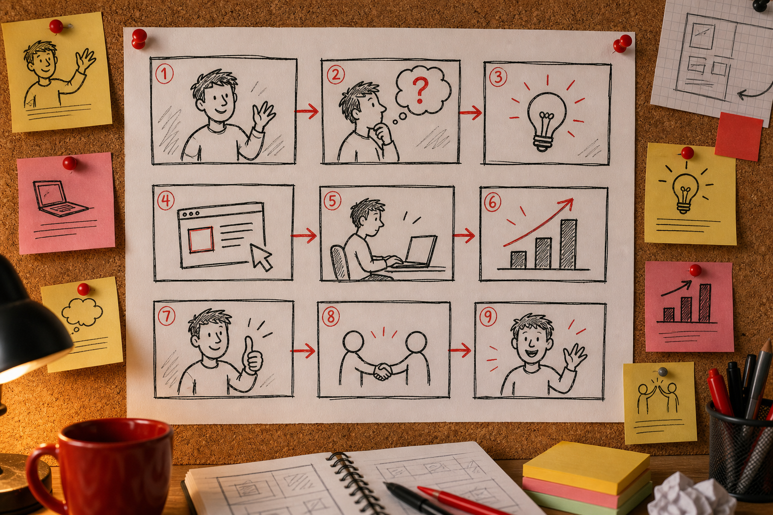 storyboard for explainer video with hand-drawn scene sketches and notes.