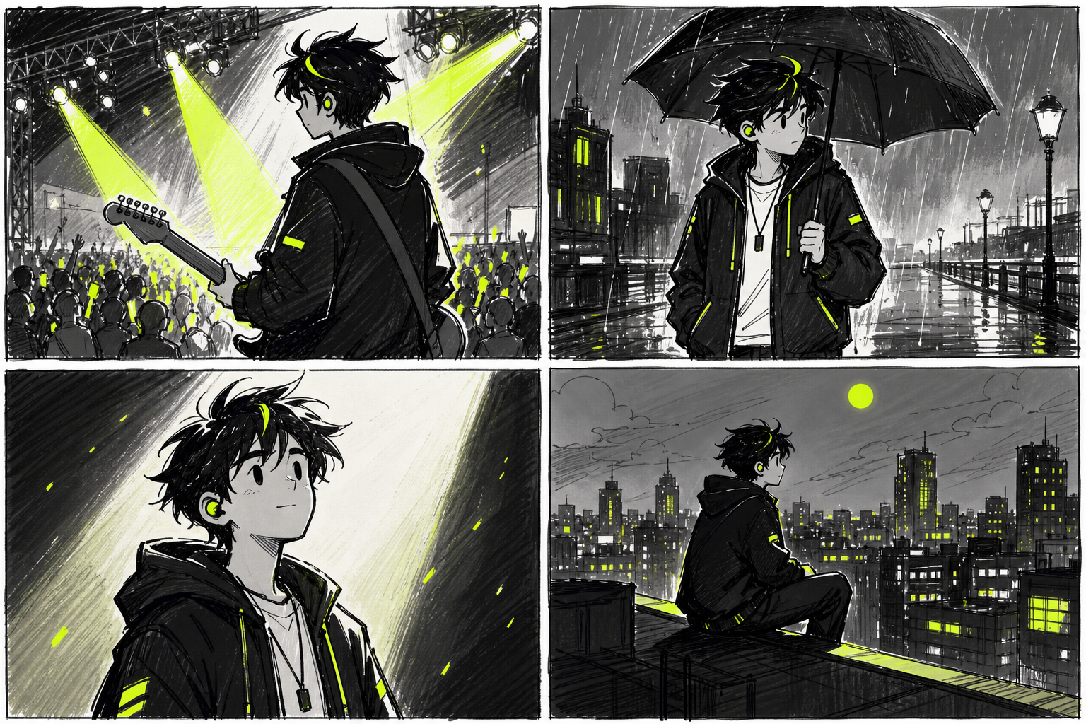 Doodle-style illustration of a storyboard with four panels showing the same cartoon character in different scenes , a concert stage, a rainy street, a spotlight close-up, and a rooftop , with matching outfit and hair across all panels, emphasizing visual consistency. Alt: keeping character and scene consistency across AI generated music video clips.