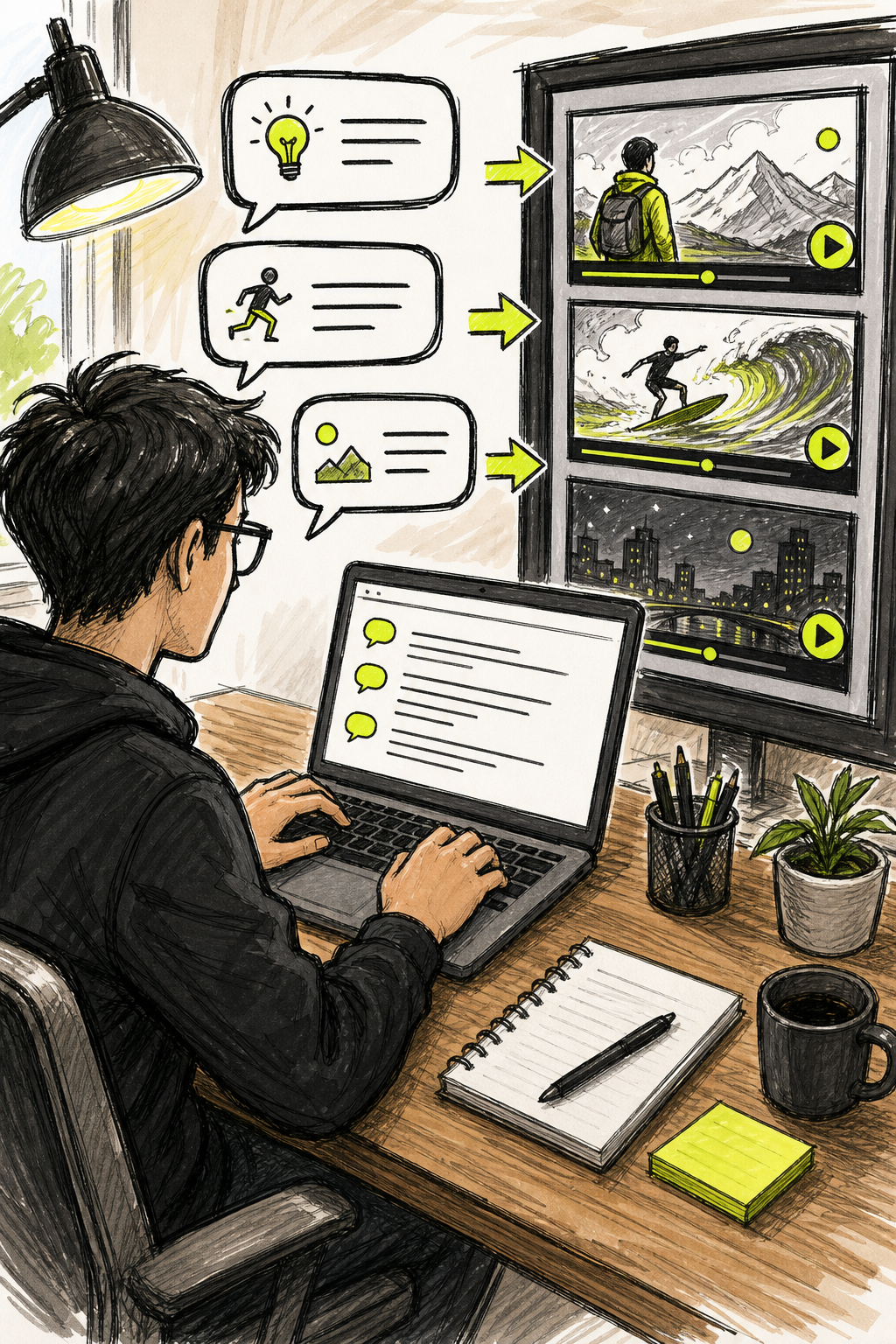 A doodle-style illustration of a person typing a script at a desk, with speech bubbles showing short punchy sentences turning into video frames on a nearby screen, warm accent colors on a natural wooden desk scene. Alt: person writing an ai script to video on a laptop with visual output shown on screen.