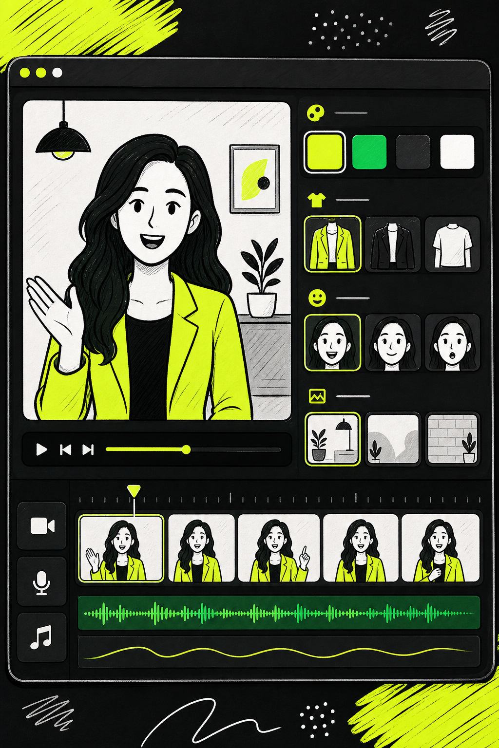 A Doodle-style illustration showing an AI avatar being customized with brand colors and logo elements on a video editing interface, with a lime-yellow (#E5FF45) accent color and icons for outfit, expression, and background options. Alt: customizing AI avatar and branding for video ads.
