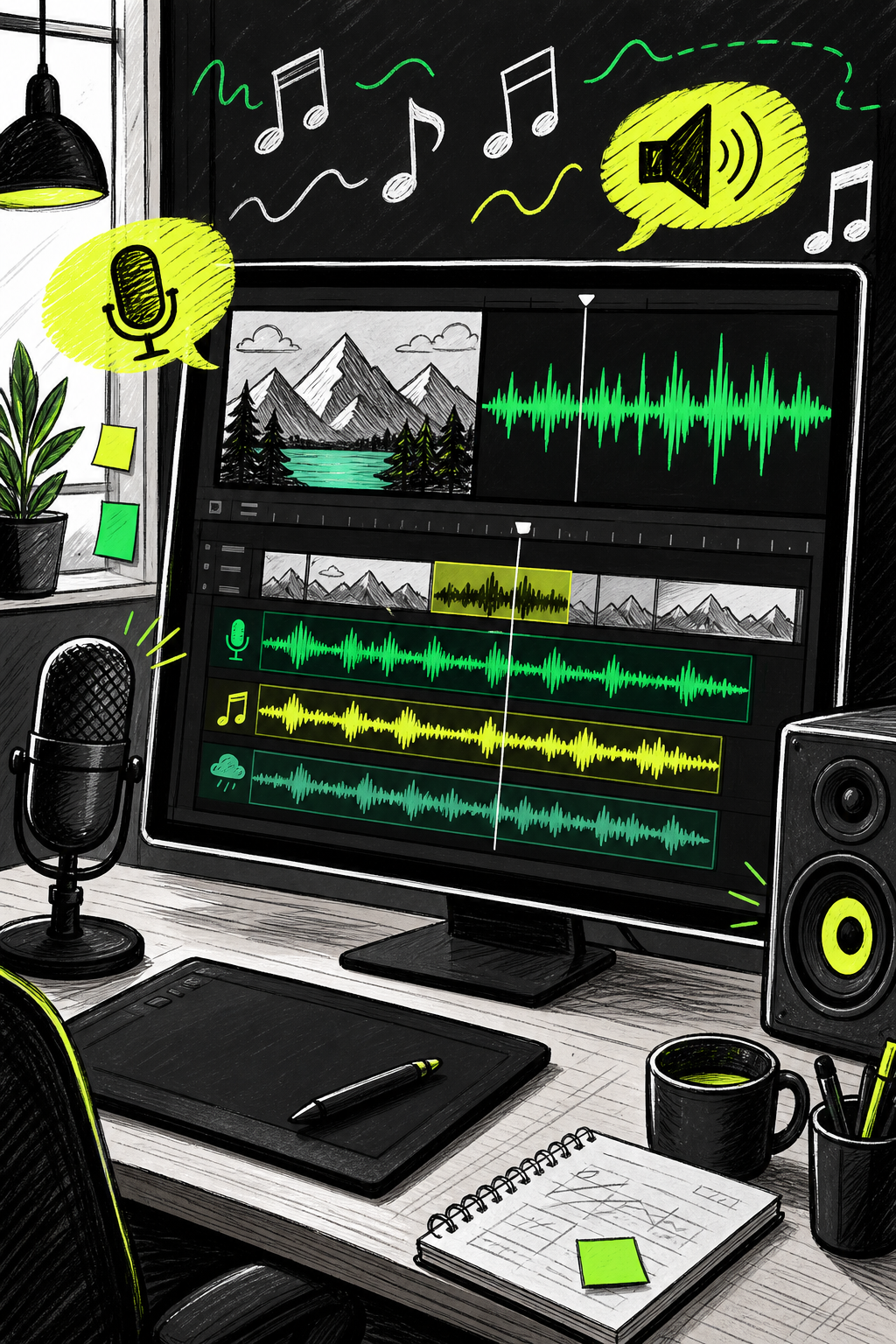 A doodle-style illustration showing a sound waveform overlaid on a video timeline, with musical notes, a microphone, and speaker icons in a colorful creative workspace environment. Alt: syncing AI-generated music, voice-overs, and sound effects to an AI video generator output.