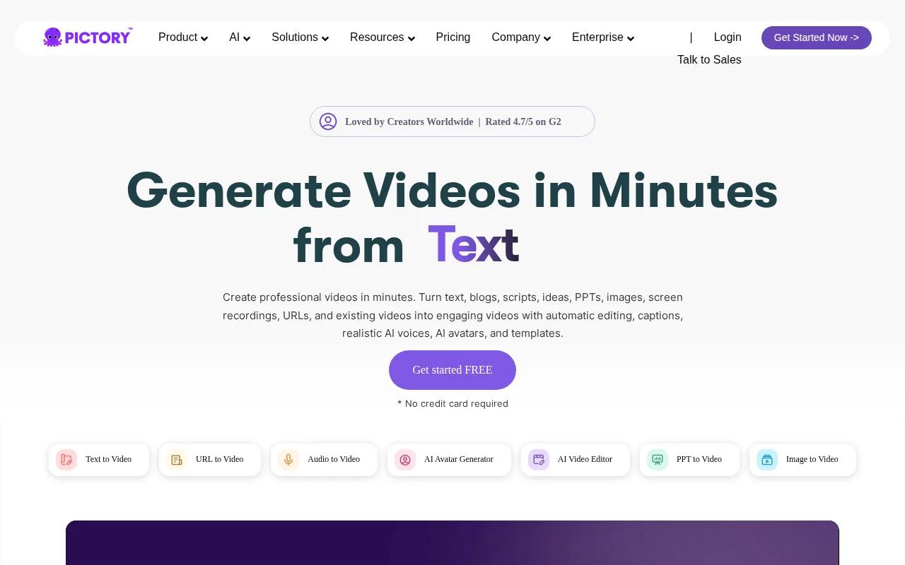 Screenshot of the Pictory website