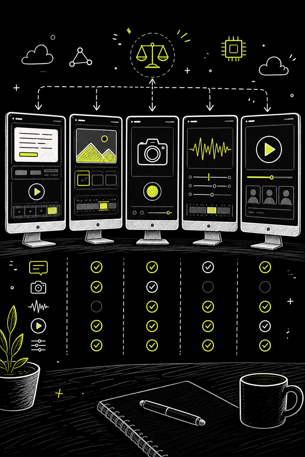 A doodle-style illustration showing five computer screens side by side, each displaying a different AI video app interface with simple icons representing features like text input, camera, waveform, and play button, connected by arrows suggesting comparison. Alt: comparing best AI video apps side by side on multiple screens.
