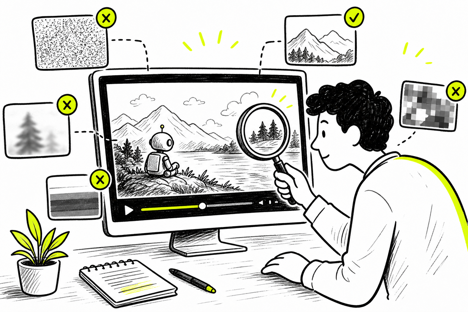 A doodle-style illustration showing a person leaning toward a monitor, pointing at a video frame with a magnifying glass, small checkmarks and X marks floating around common video issues like grainy texture and blurry edges, bright yellow accent. Alt: reviewing AI generated video quality for common issues in a free image to video generator.