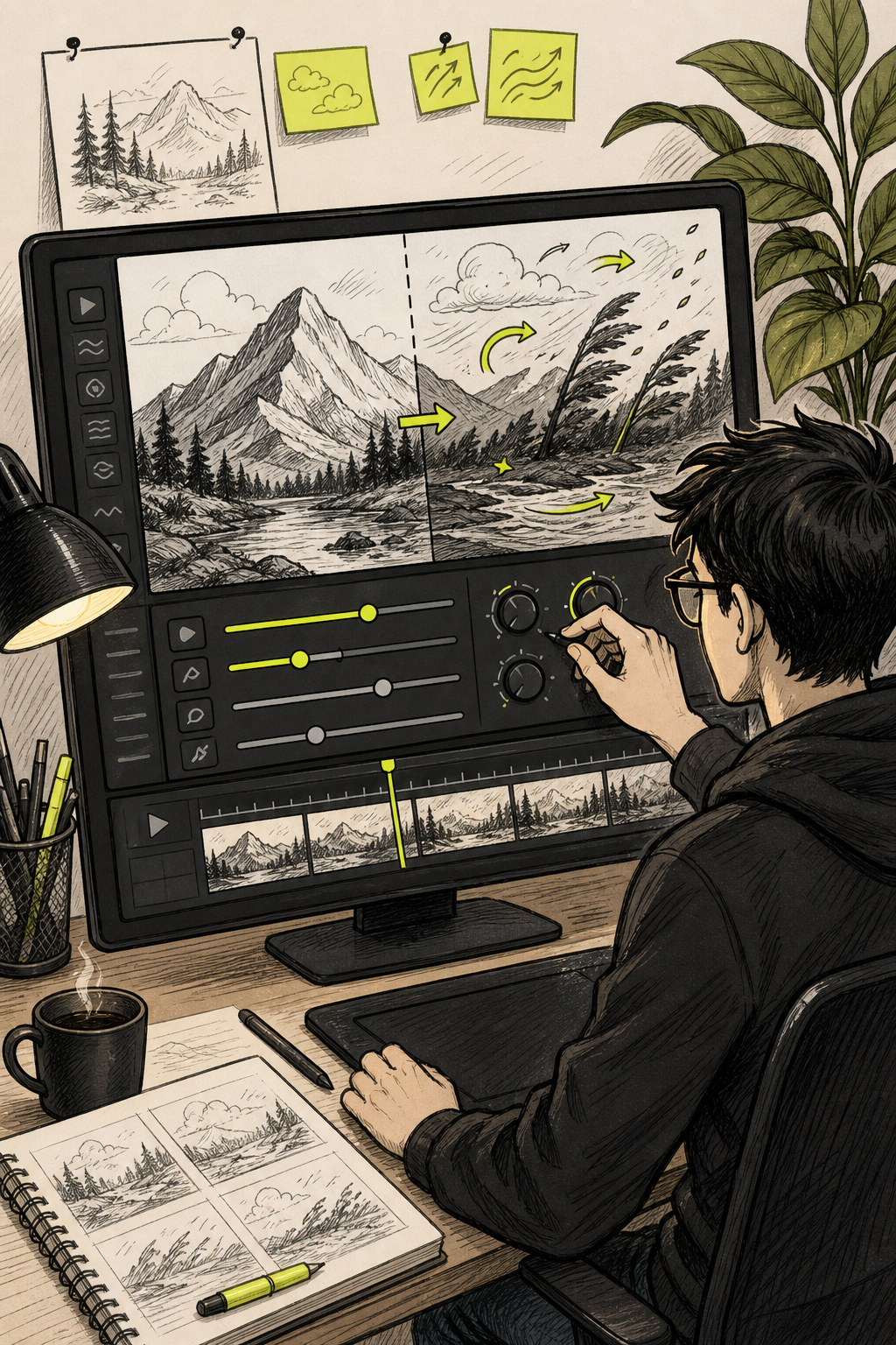 A doodle-style illustration of a creative workspace where a person adjusts sliders and dials on a large monitor showing a split-screen photo being animated, with arrows indicating motion direction and a timeline bar at the bottom. The brand accent color #E5FF45 is used on the active slider. Cozy studio with soft lighting and a plant in the corner. Alt: person customizing animation motion settings and sliders on an AI photo animation interface.