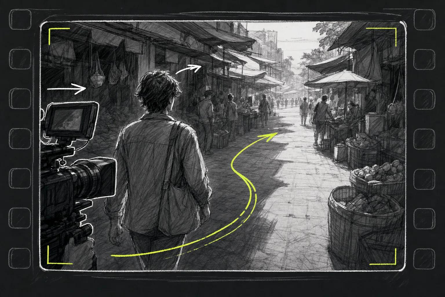 Camera move guiding attention through an AI video scene.