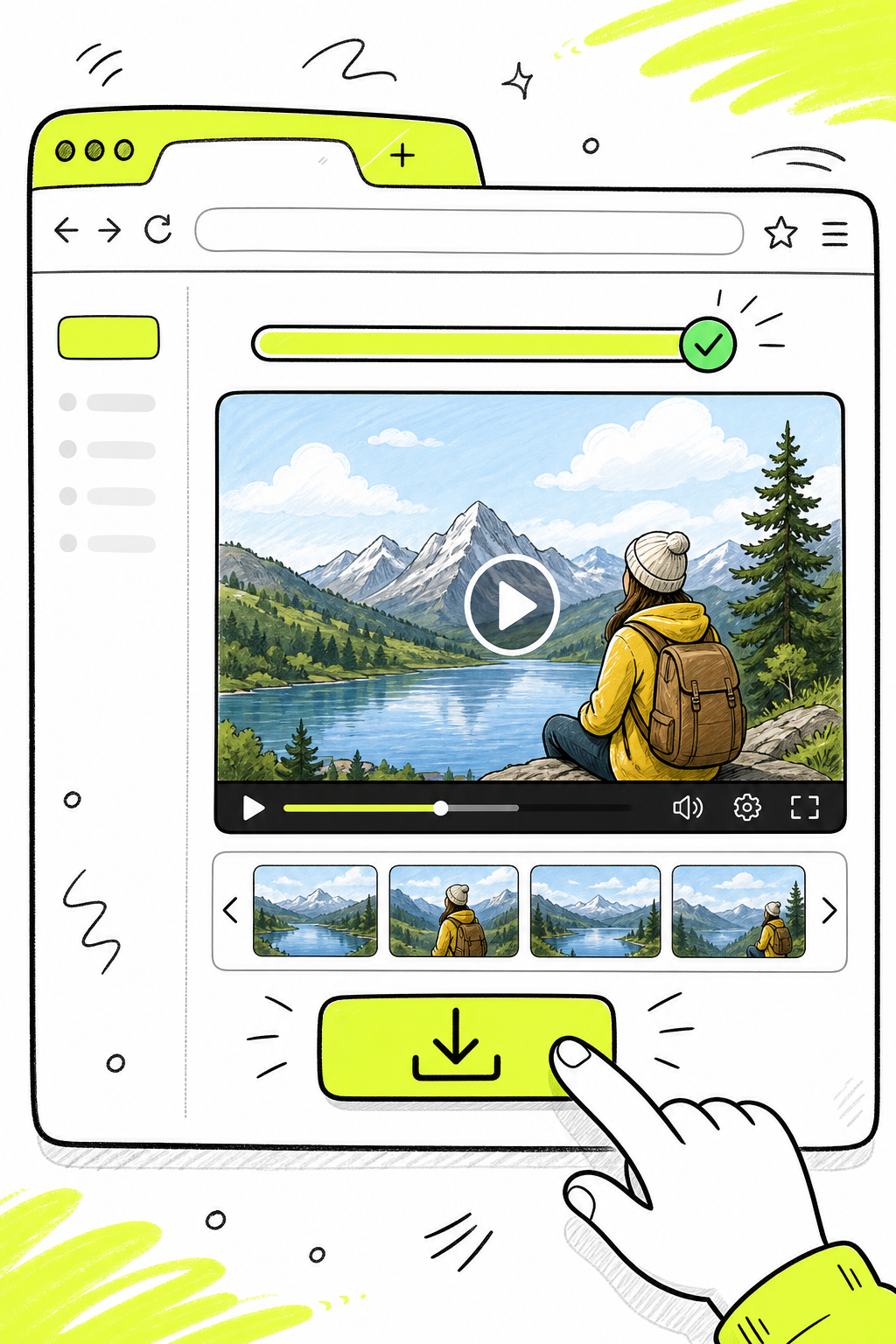 A doodle-style illustration showing a browser screen with a video preview playing on a bright yellow-accented interface. A cartoon hand hovers over a download button. A progress bar above the video shows completion. Clean, cheerful composition with a light background filled with motion-line details. Alt: previewing and downloading a generated AI photo to video clip in a browser tool.