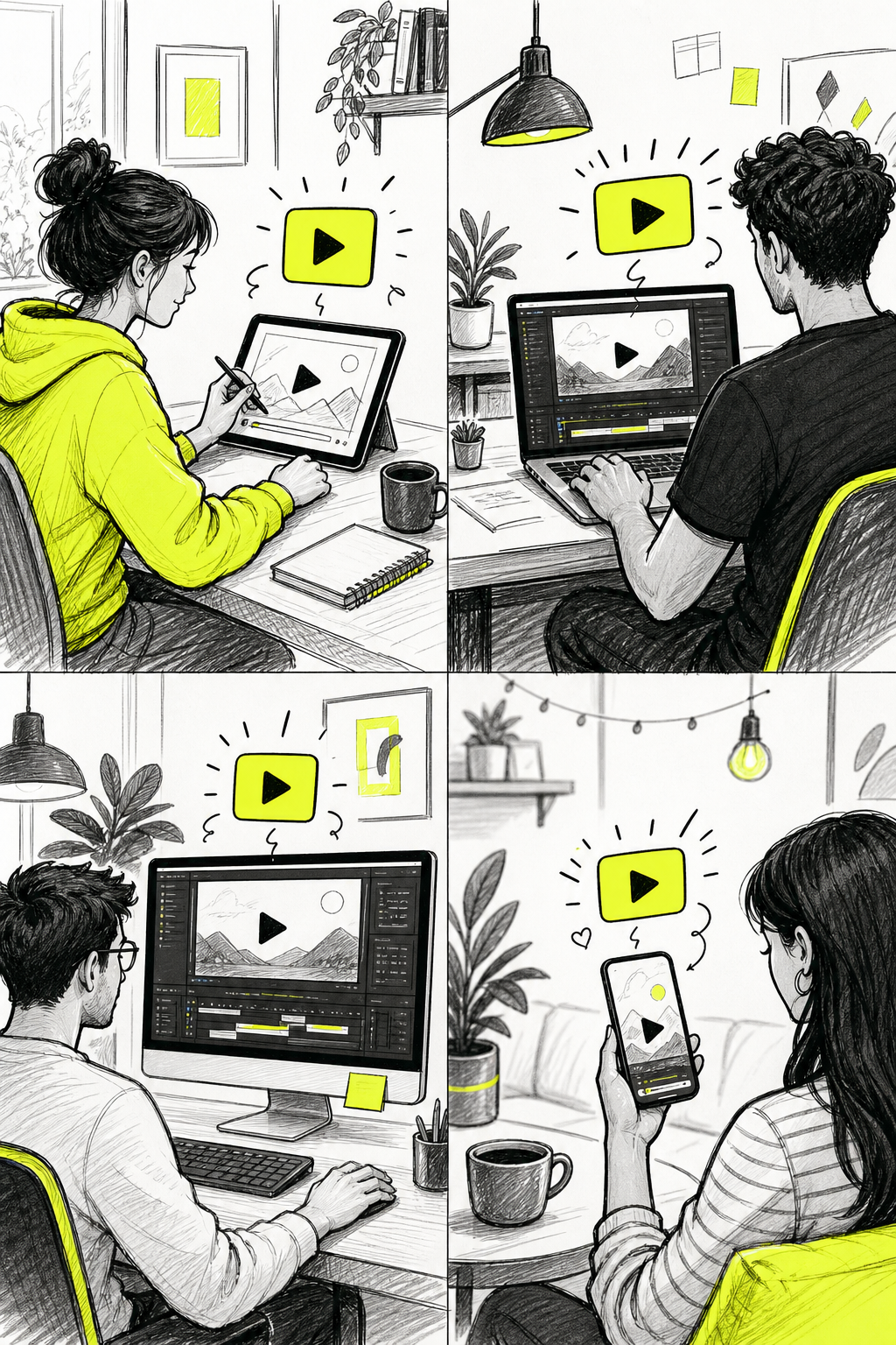 A doodle-style scene showing four people at separate desks, each using a different device , tablet, laptop, desktop, and phone , with video play icons floating above each screen in bright accent yellow, suggesting multiple creators using different AI video apps. Alt: creators using different AI video apps on various devices.