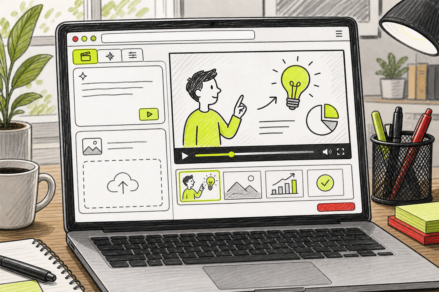 AI video tool interface for creating explainer videos with prompt box and video preview.