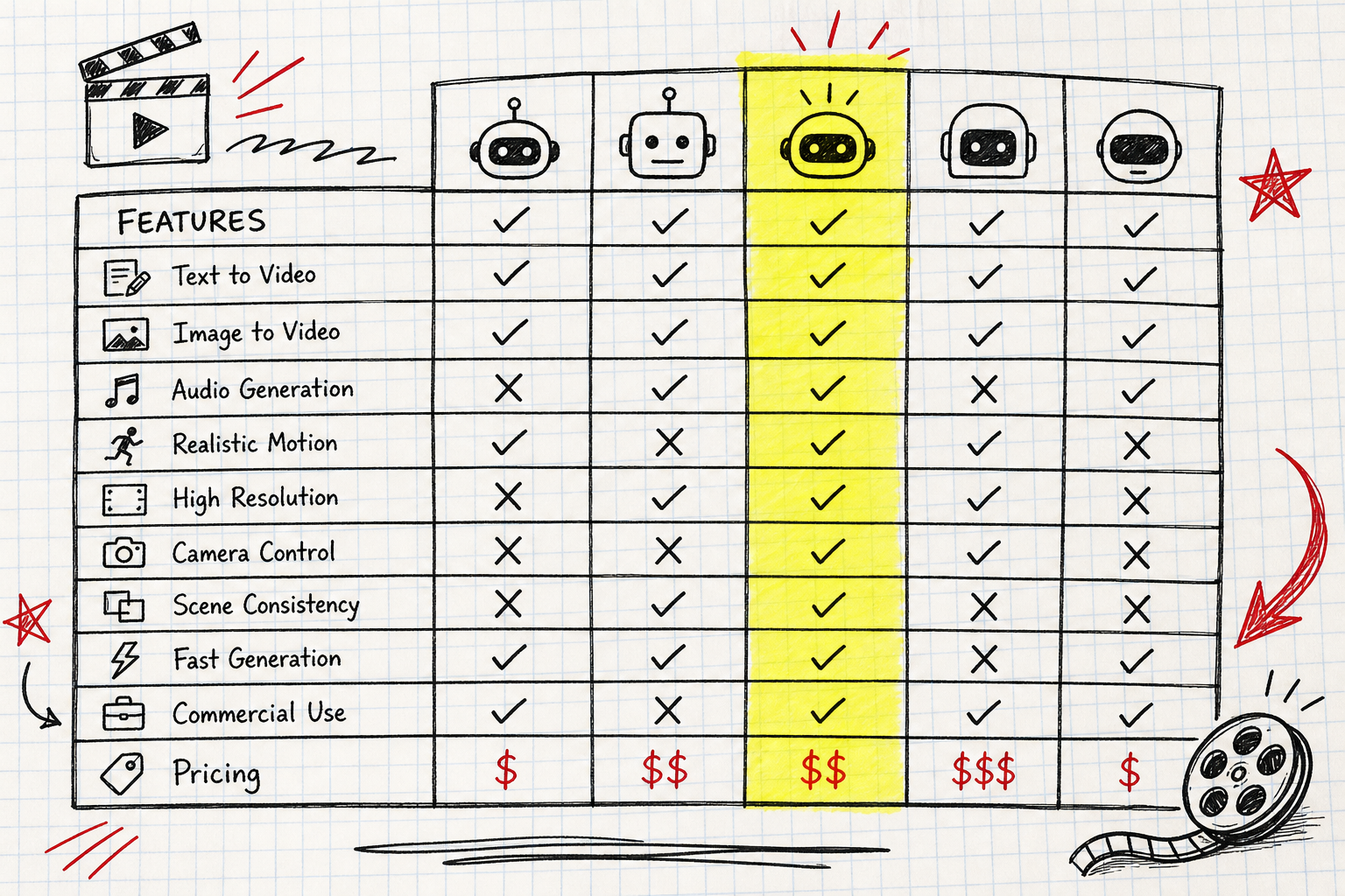 feature and pricing comparison chart for AI video generation tools including Veo 3 alternatives.