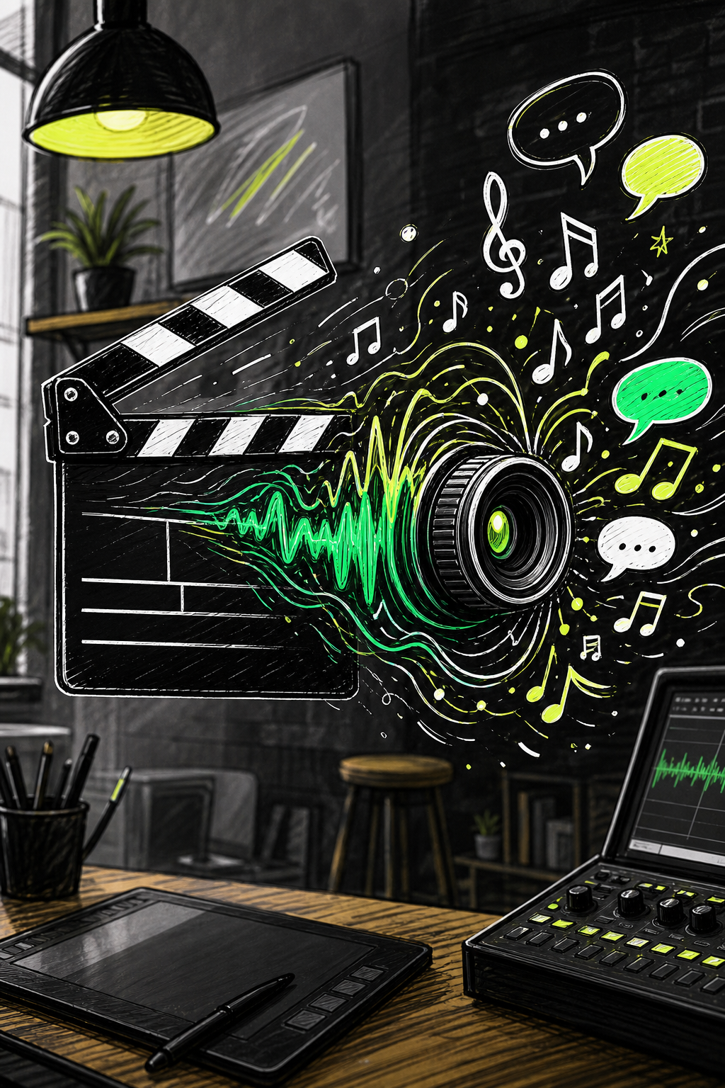A doodle-style illustration of a filmmaker's clapperboard transforming into a sound wave and camera lens simultaneously, with musical notes and speech bubbles floating out, set in a creative studio environment. Alt: AI video generator with sound producing synchronized audio and visuals from a single prompt.