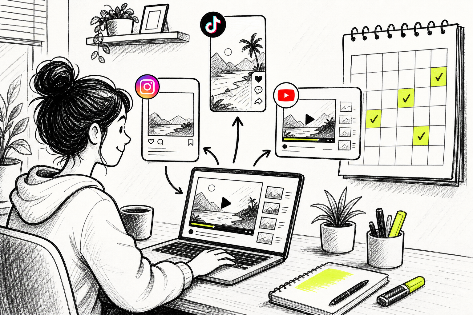 content creator repurposing a TikTok video across multiple social media platforms.