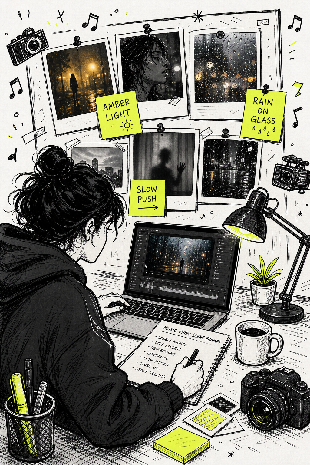 A doodle-style illustration of a person at a laptop writing a music video scene prompt, with handwritten notes showing mood words like "amber light," "slow push," and "rain on glass" pinned to a mood board behind them, surrounded by musical notes and small camera icons. Alt: person writing a music video prompt for an AI video generator with mood references and lighting notes visible.