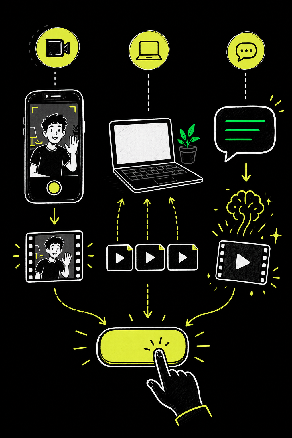 A doodle-style illustration of three parallel workflow paths: a phone recording a creator, a laptop with footage upload arrows, and a chat bubble turning into a video clip with AI sparks, all connected by a central "Create" button with lime-yellow highlights. Alt: three ways to create short videos including recording uploading and AI text-to-video generation.