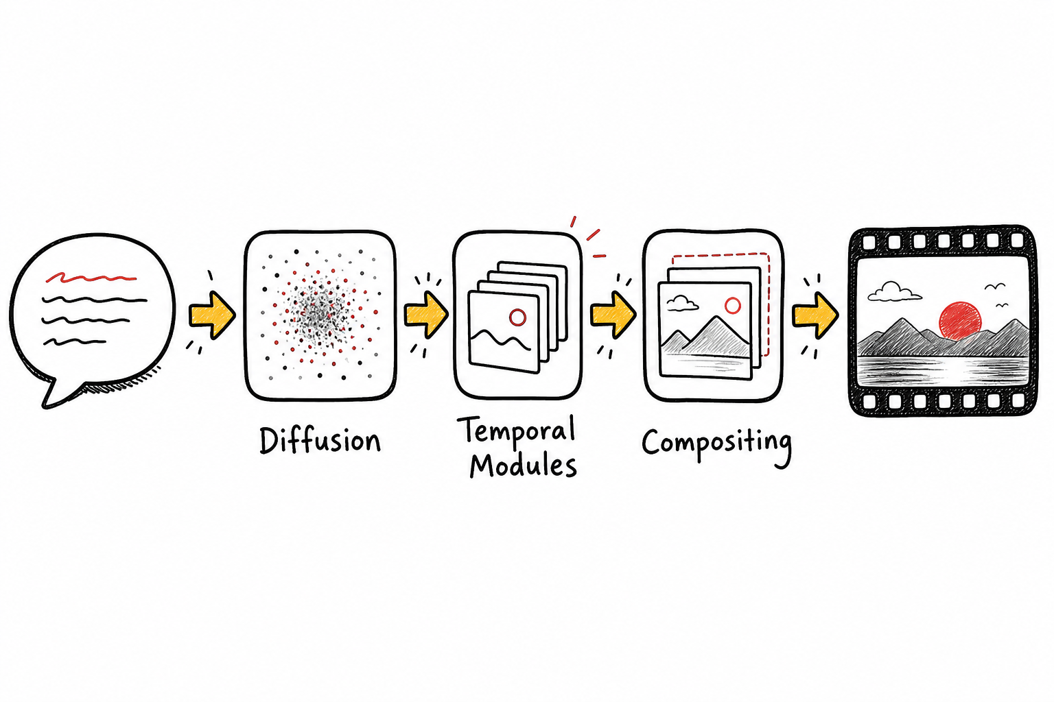 AI video generation pipeline from text prompt to finished video frame.