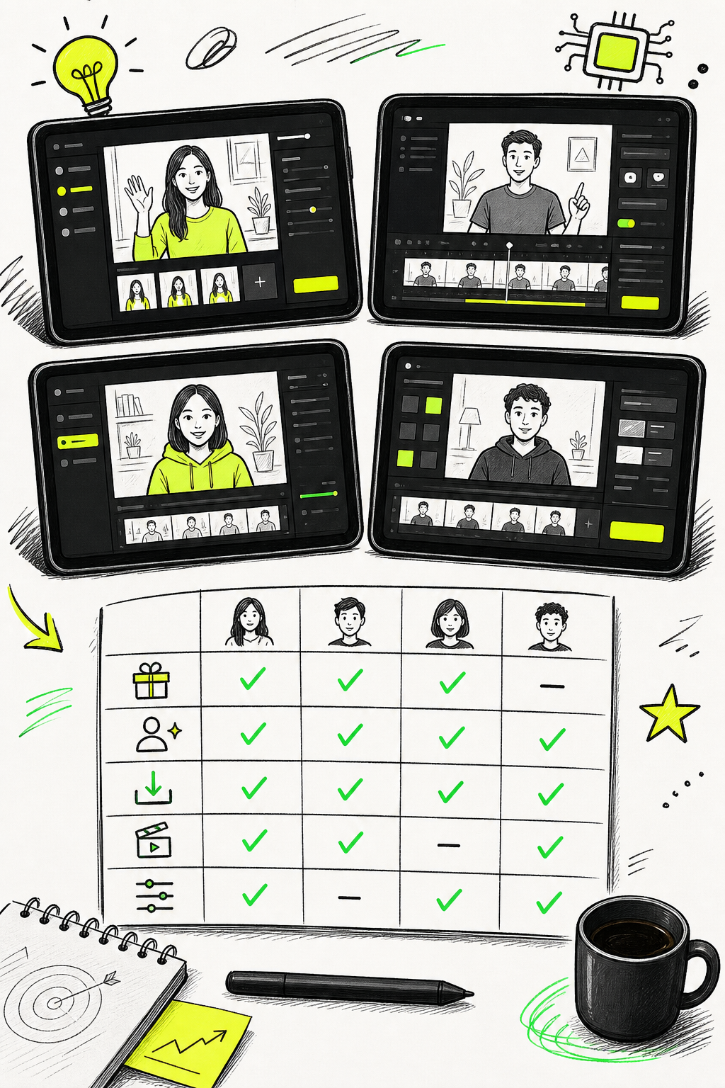 A doodle-style illustration showing a comparison of different AI video tool interfaces on tablet screens, with checkmarks next to features like free tier, avatar quality, and export format. Alt: Choosing the right AI UGC video generator tool based on features and goals.