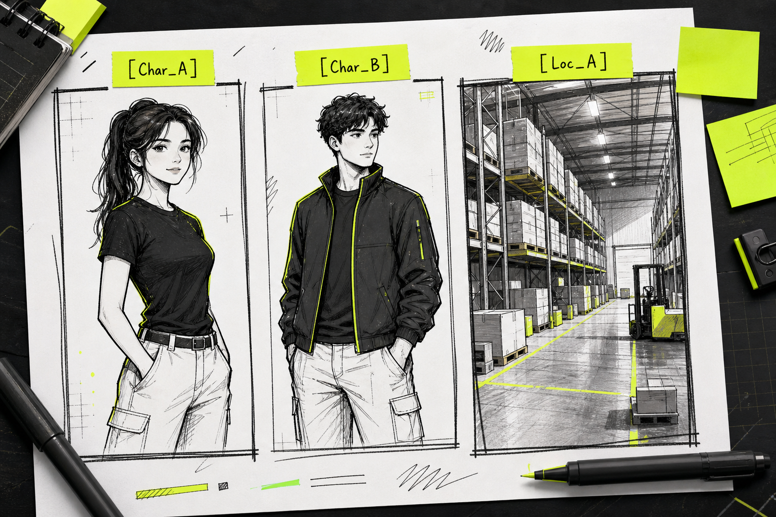 Doodle-style illustration showing three labeled reference panels on a workspace , a female character, a male character, and a warehouse location , each tagged with a bracket label like [Char_A