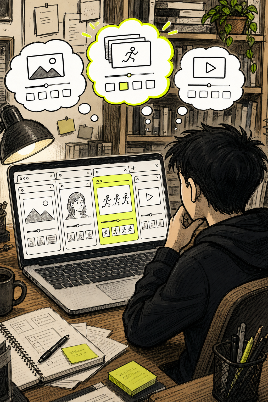 A doodle-style illustration showing a person sitting at a desk with multiple browser tabs open on their laptop screen, each showing a different AI tool interface, with thought bubbles comparing icons and features. The brand accent color #E5FF45 highlights one selected tab. Warm, cluttered home office environment with bookshelves in the background. Alt: person choosing an AI photo animation tool on a laptop with multiple browser tabs open.