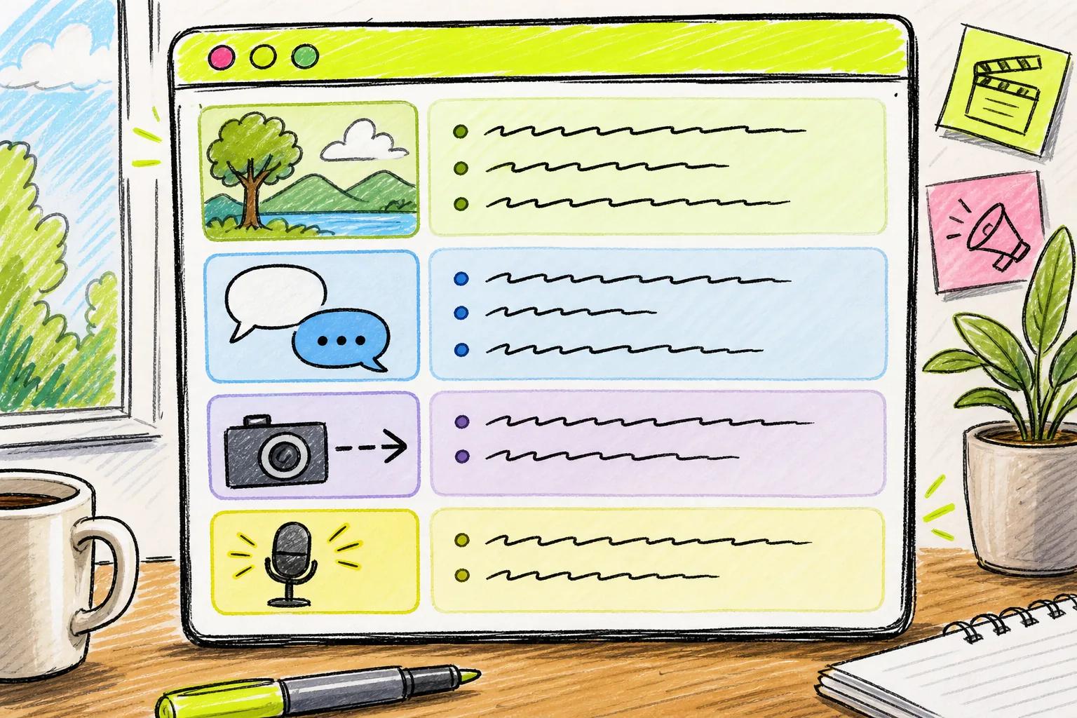 A doodle‑style illustration of a prompt window with highlighted sections for setting, dialogue, camera move, and audio cues
