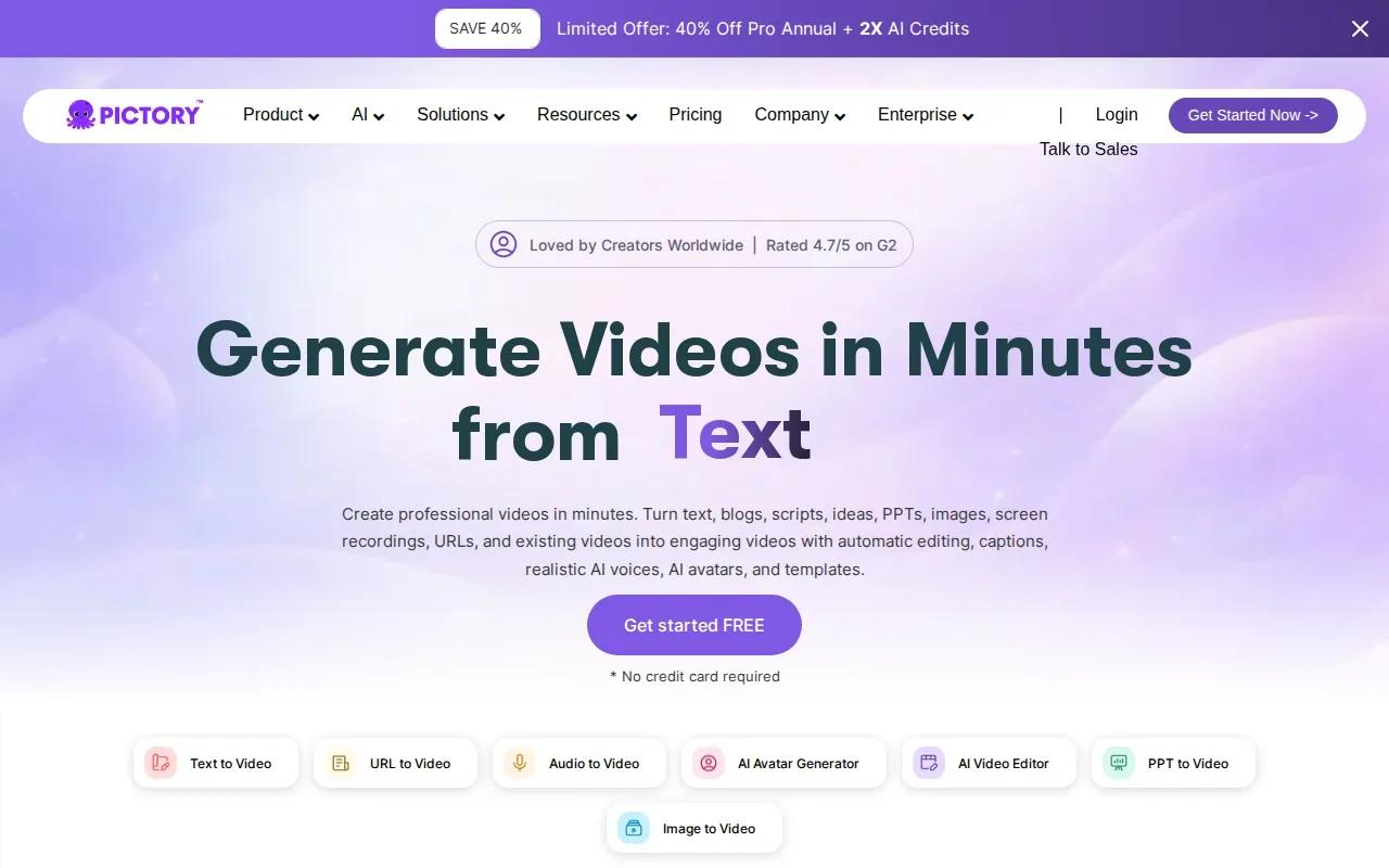 Screenshot of the Pictory website