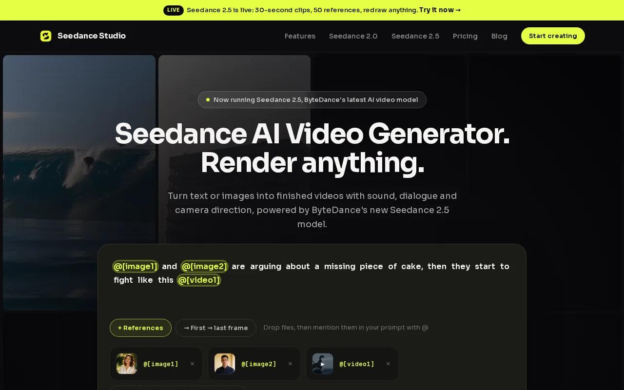 Screenshot of the Seedance Studio website