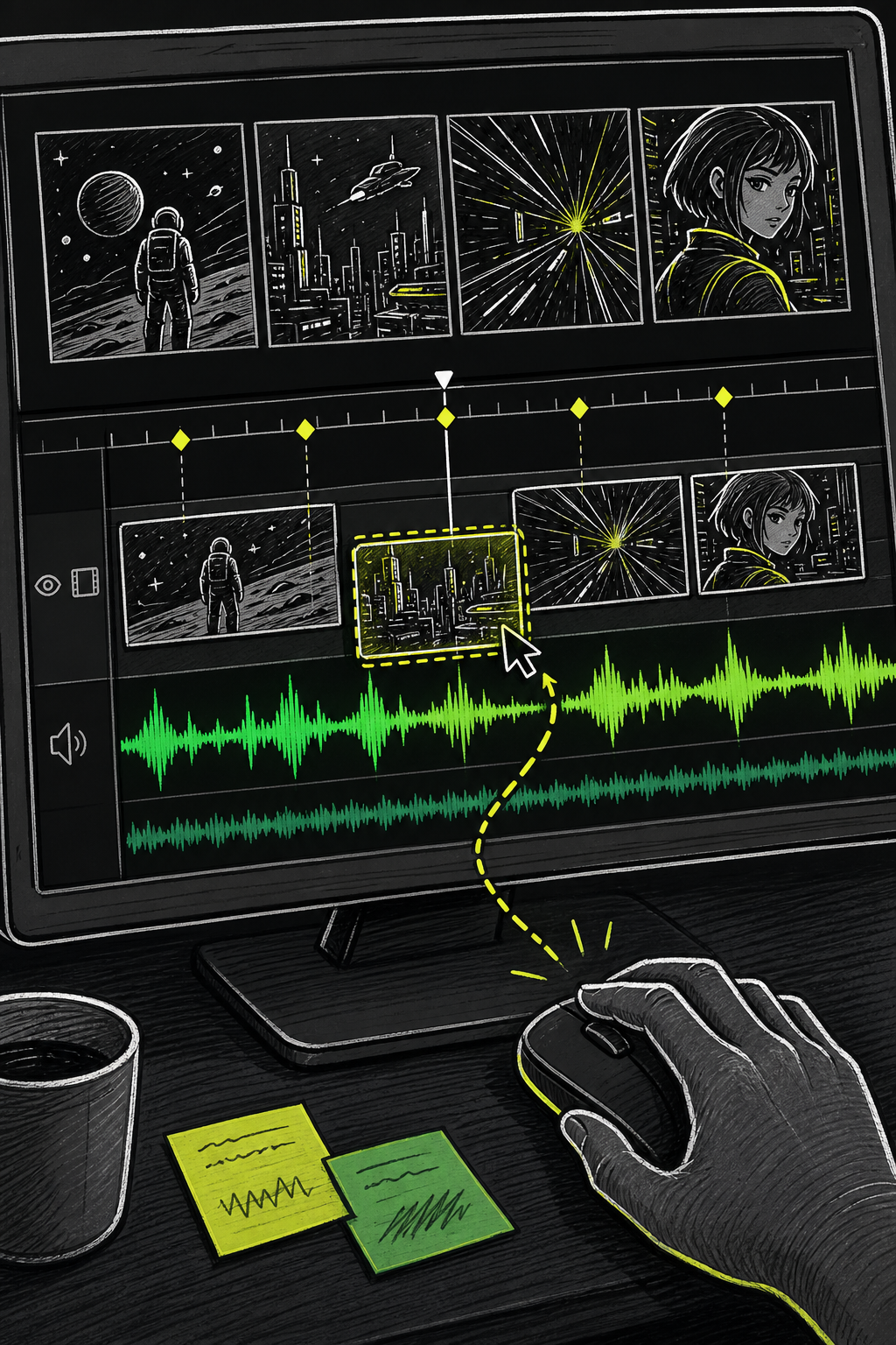 A doodle-style illustration of a video editing timeline on a monitor screen, showing color-coded music waveforms aligned with video clip segments, with a hand using a mouse to drag and snap a clip to a beat marker. Alt: syncing AI-generated music video clips to an audio waveform in a video editing timeline.