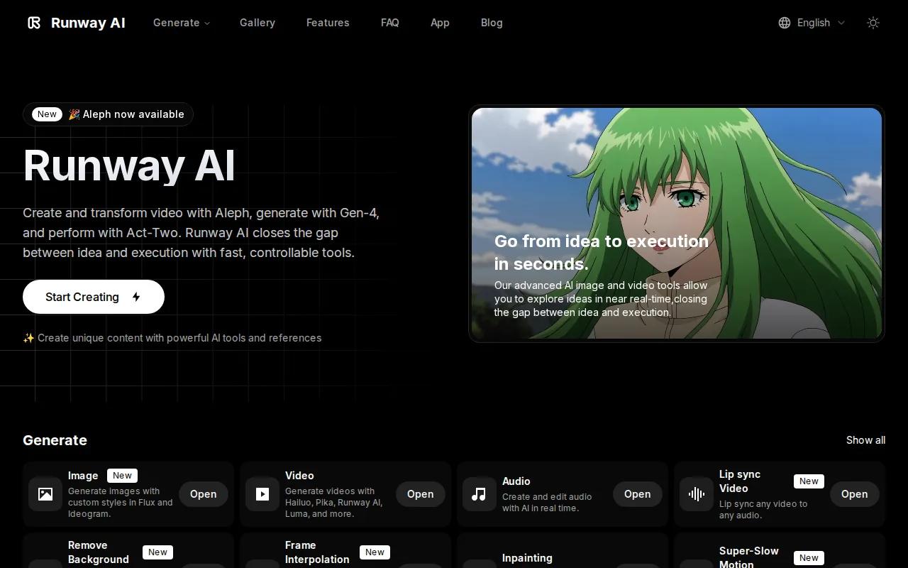 Screenshot of the Runway website