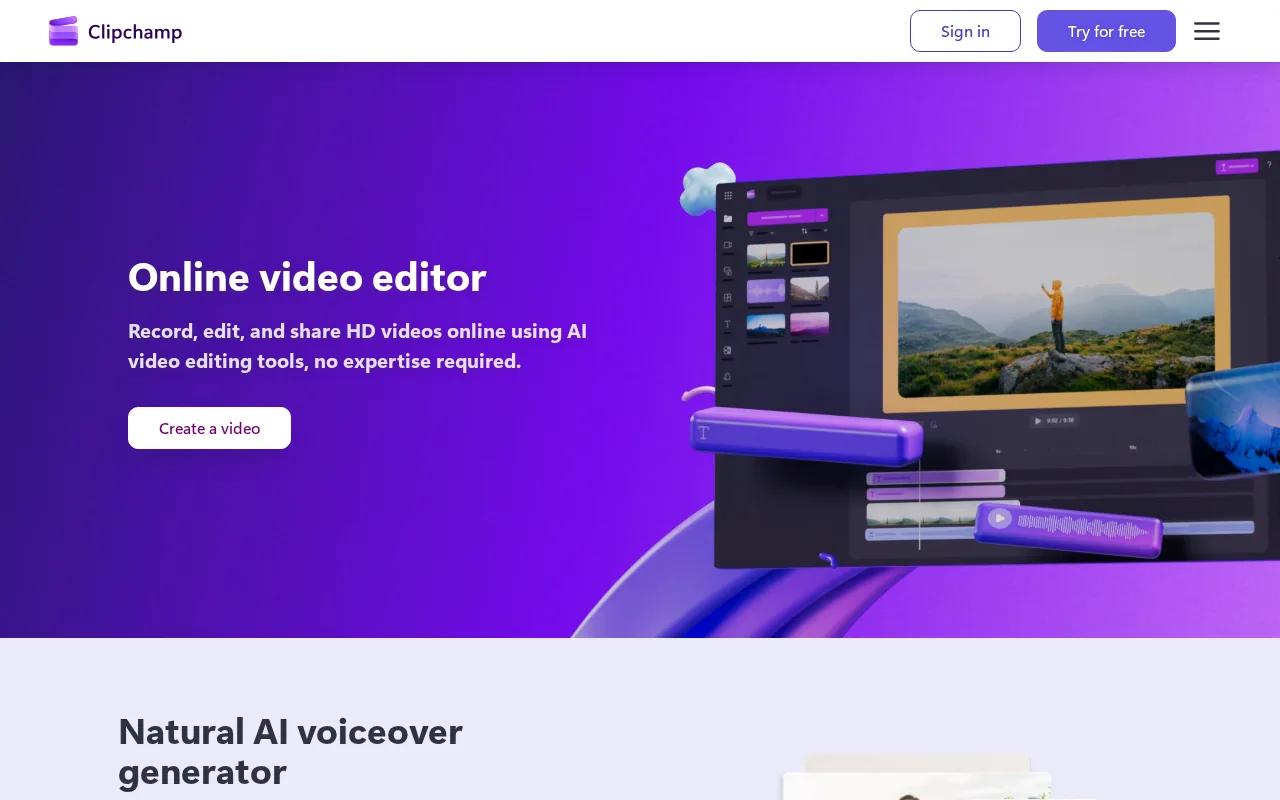 Screenshot of the Clipchamp website