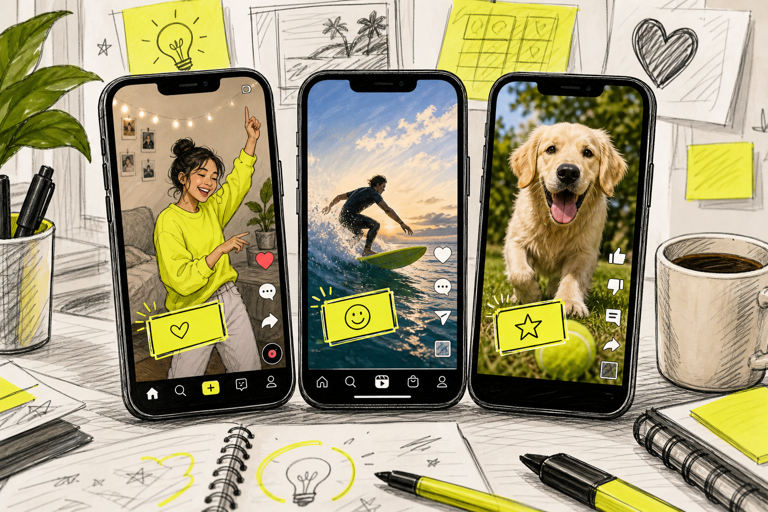 short form video trends across TikTok Reels and YouTube Shorts illustrated on three phones.
