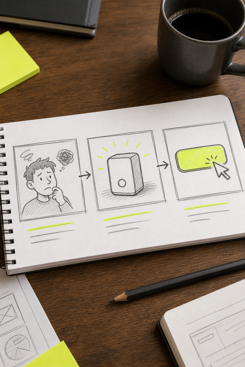 Doodle-style sketch of three storyboard panels on a desk , first panel shows a problem face, second shows a product, third shows a CTA button , pencil and coffee mug nearby. Alt: simple storyboard planning for a short video ad.