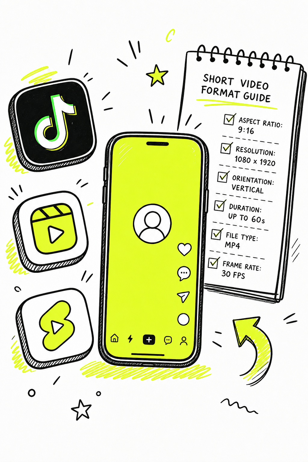 A doodle-style illustration showing a smartphone in vertical 9:16 orientation surrounded by icons for TikTok, Reels, and YouTube Shorts, with a checklist of format specs in the background, bright lime-yellow accents on a white drawing surface. Alt: short video format guide showing 9:16 aspect ratio for TikTok Reels and YouTube Shorts.
