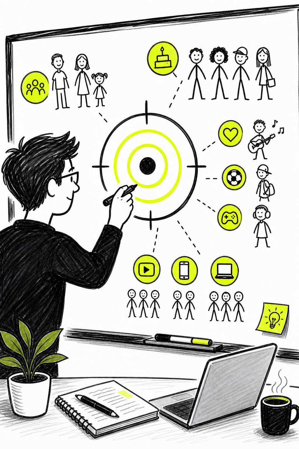 Doodle-style illustration of a marketer drawing a target on a whiteboard with stick figures representing different audience demographics , age, interest, and platform icons around them. Alt: defining target audience for video ads step one.