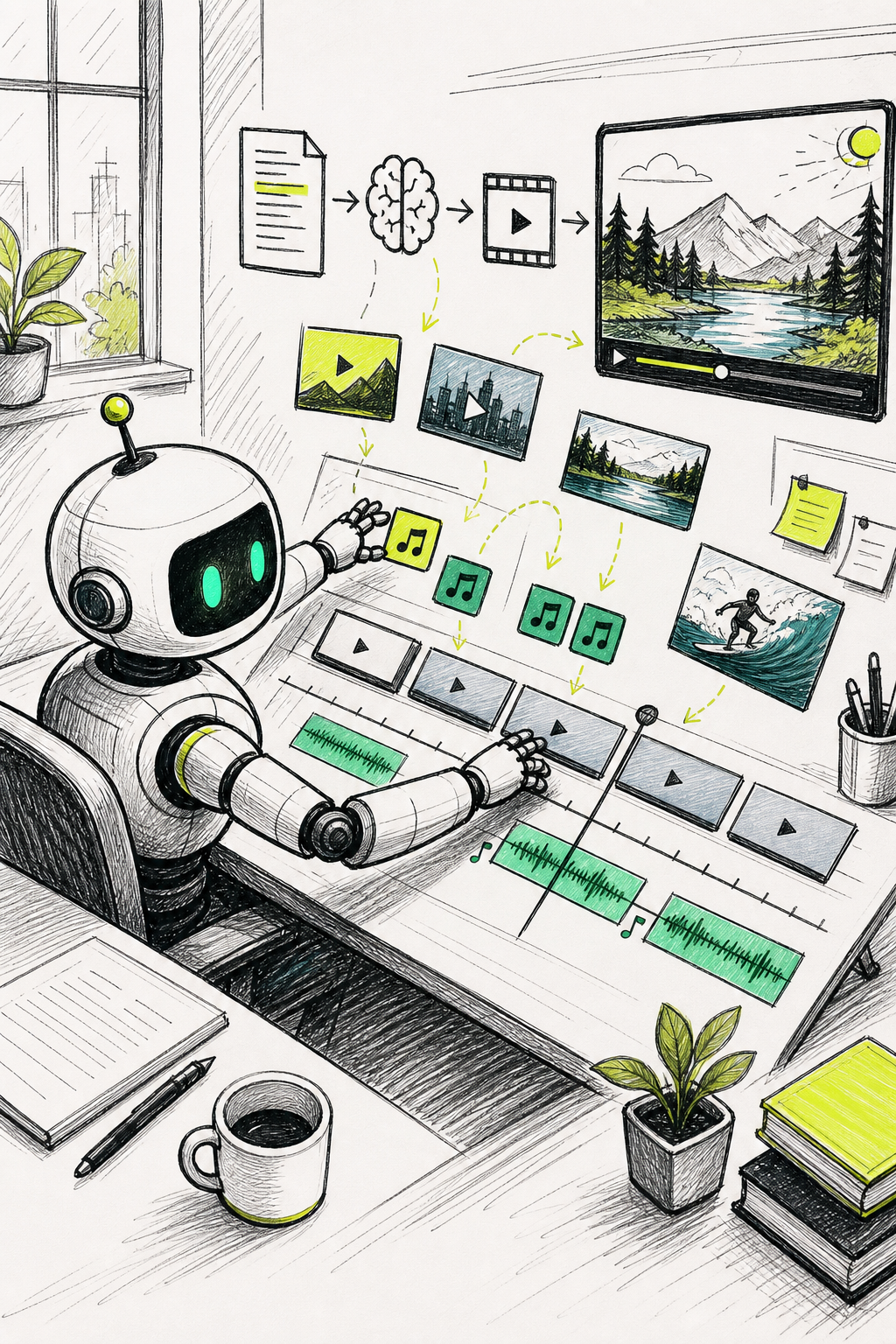 A doodle-style scene of a robot sorting colorful video clips and music notes onto a timeline, with script text visible on one side and a finished video frame on the other, in a bright workspace setting. Alt: AI automatically matching b-roll visuals and music to an ai script to video timeline.