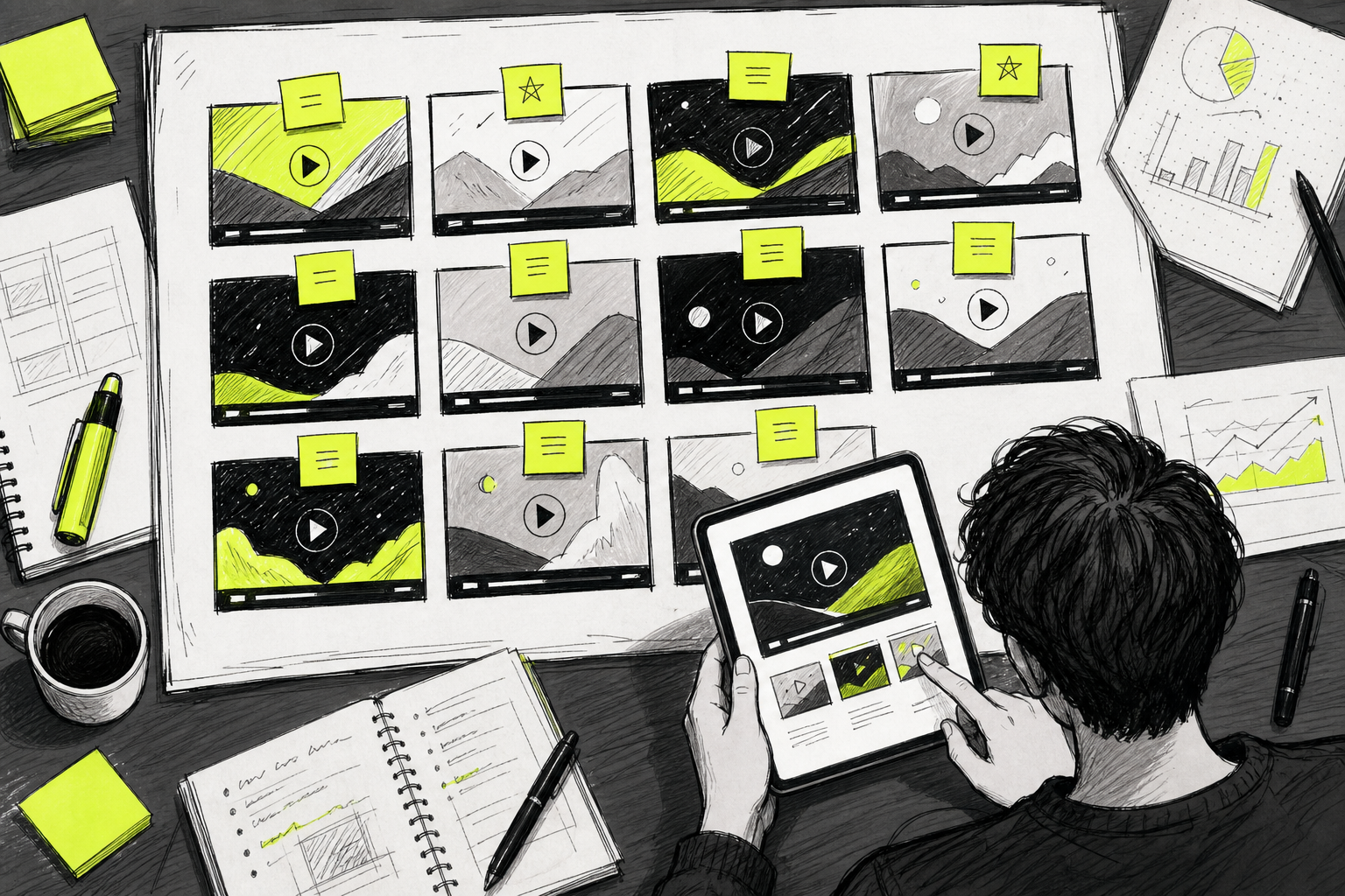 A doodle-style overhead illustration showing a grid of small video frames with different color schemes and compositions, sticky notes labeling each variation, a person reviewing them on a tablet with lime-green accent highlights. Alt: creating multiple AI ad variations for A/B testing