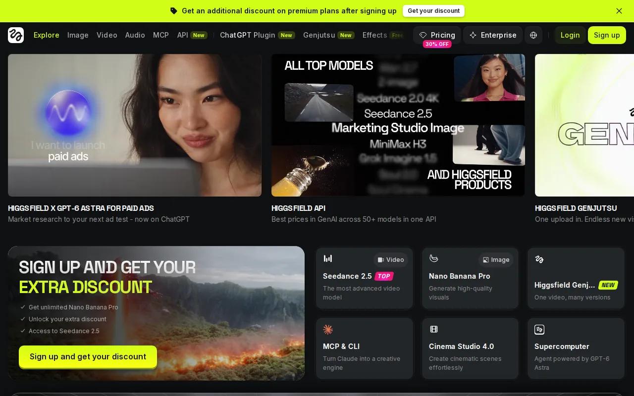 Screenshot of the Higgsfield AI website