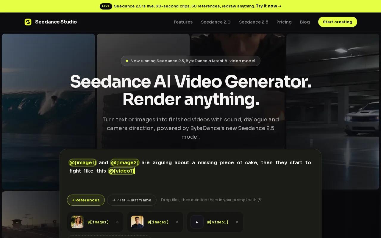Screenshot of the Seedance Studio website
