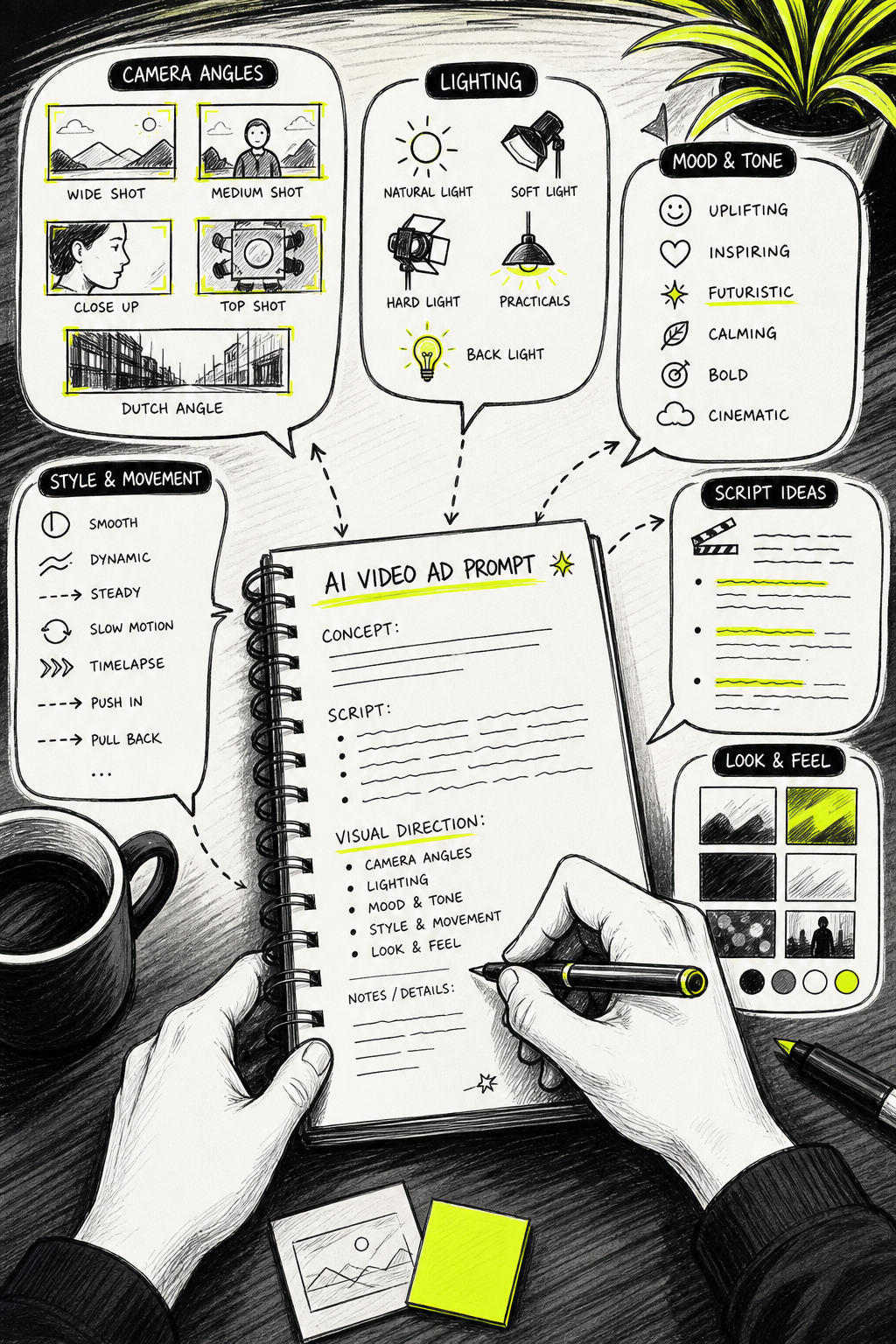 A doodle-style illustration showing a hand writing a detailed prompt on a notepad, with speech bubbles depicting camera angles, lighting icons, mood descriptors, and script lines radiating outward like a mind map. Alt: writing an AI video ad prompt with script and visual direction notes.