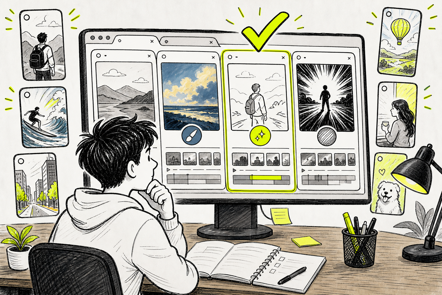 creator comparing AI video generator options on a browser with vertical video thumbnails.