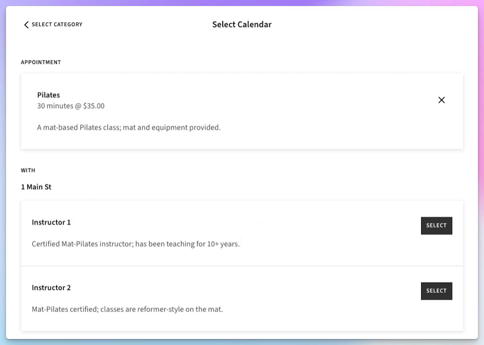 Acuity Scheduling booking flow showing a Pilates appointment and a choice of two instructors